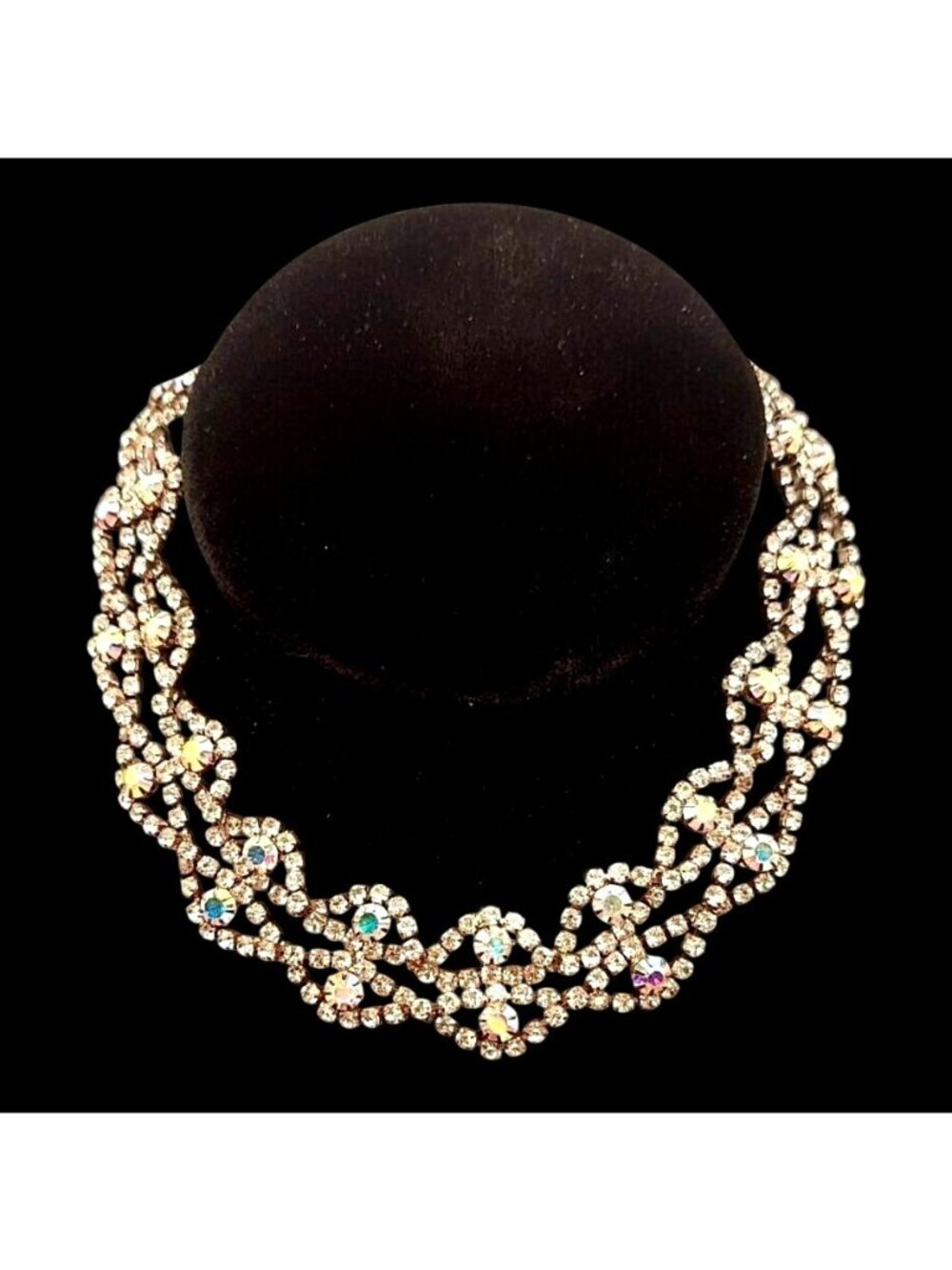 Rhinestone AB Aurora Borealis Crystal Choker 16" Adjustable Necklace Retro Vtg